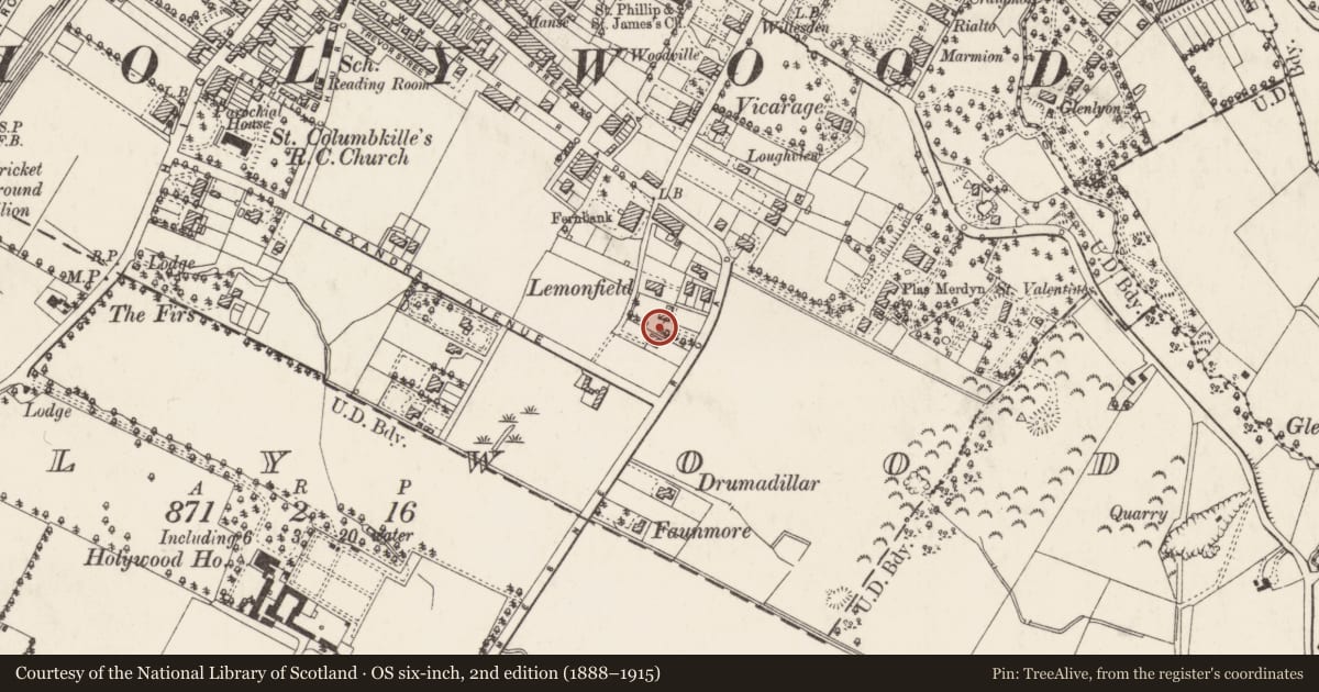 Ordnance Survey six-inch map, 2nd edition (1888–1915) covering the location of 43 Demesne Road, Ards and North Down, with a pin at the register's coordinates