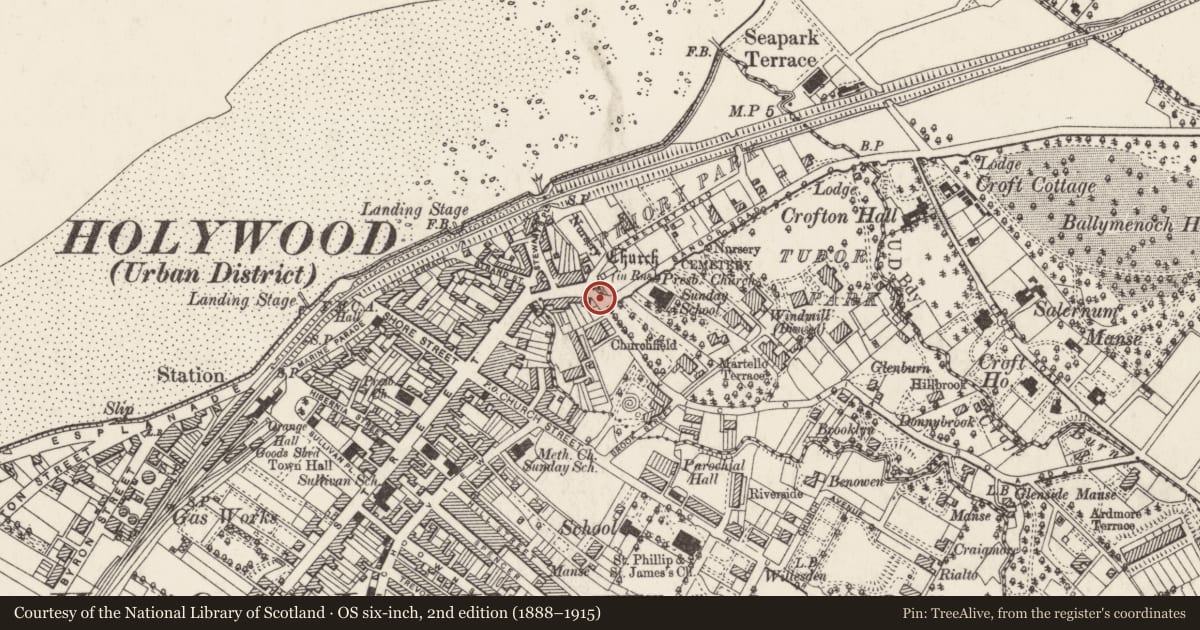 Ordnance Survey six-inch map, 2nd edition (1888–1915) covering the location of Withers and Henderson Memorial, Ballykeel, Ards and North Down, with a pin at the register's coordinates