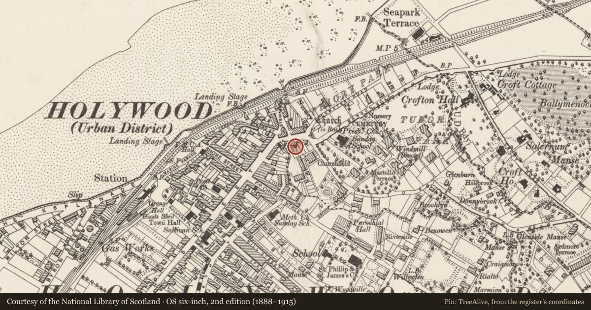 Ordnance Survey six-inch map, 2nd edition (1888–1915) covering the location of Knockagh, Ards and North Down, with a pin at the register's coordinates