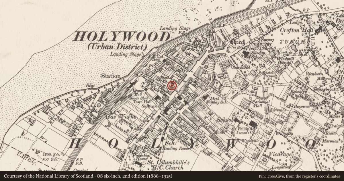Ordnance Survey six-inch map, 2nd edition (1888–1915) covering the location of First Holywood Non-Subscribing Presbyterian Church, Ards and North Down, with a pin at the register's coordinates
