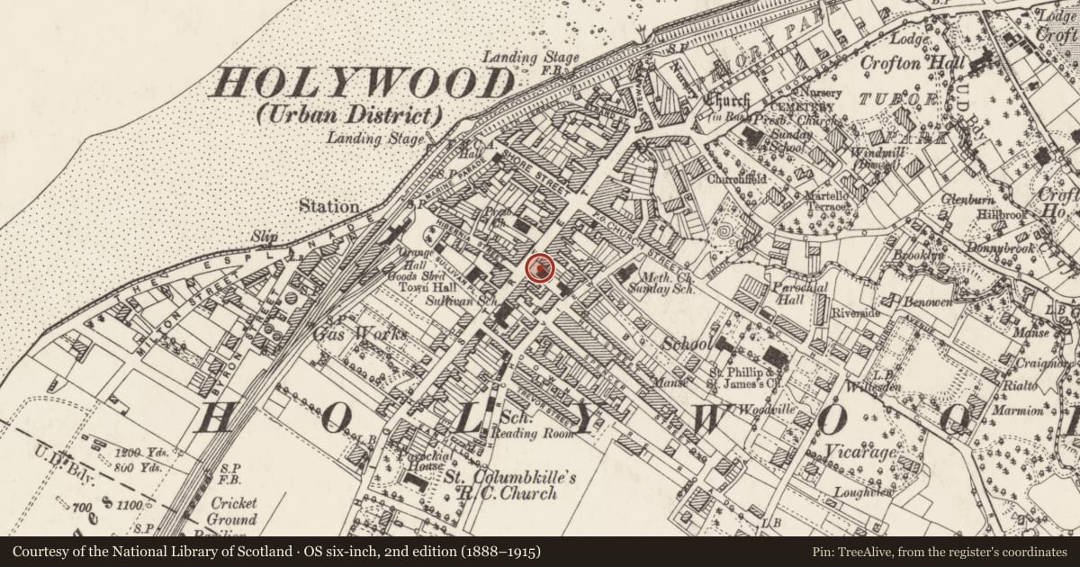 Ordnance Survey six-inch map, 2nd edition (1888–1915) covering the location of 68-72 Main Street, Ards and North Down, with a pin at the register's coordinates