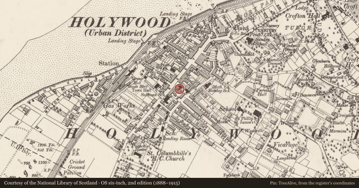 Ordnance Survey six-inch map, 2nd edition (1888–1915) covering the location of 72 High St., Ards and North Down, with a pin at the register's coordinates