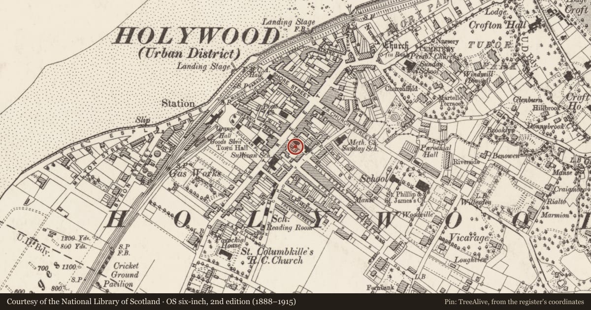 Ordnance Survey six-inch map, 2nd edition (1888–1915) covering the location of High Street Presbyterian Church, Holywood, Ards and North Down, with a pin at the register's coordinates