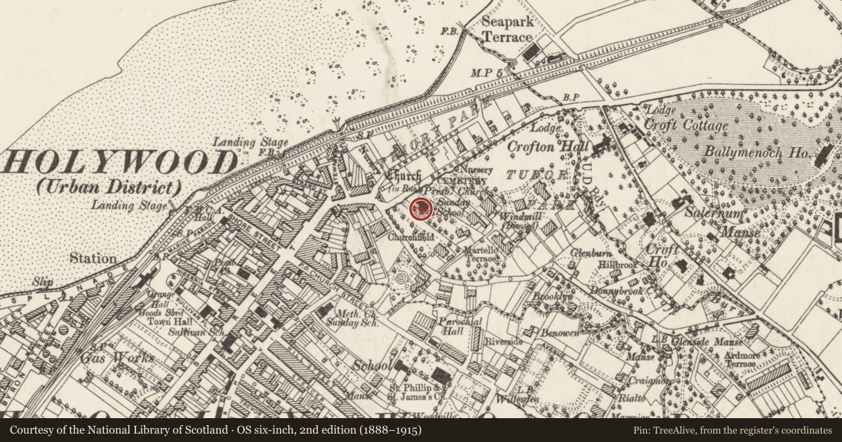 Ordnance Survey six-inch map, 2nd edition (1888–1915) covering the location of First Holywood Presbyterian Church, Ballykeel, Ards and North Down, with a pin at the register's coordinates