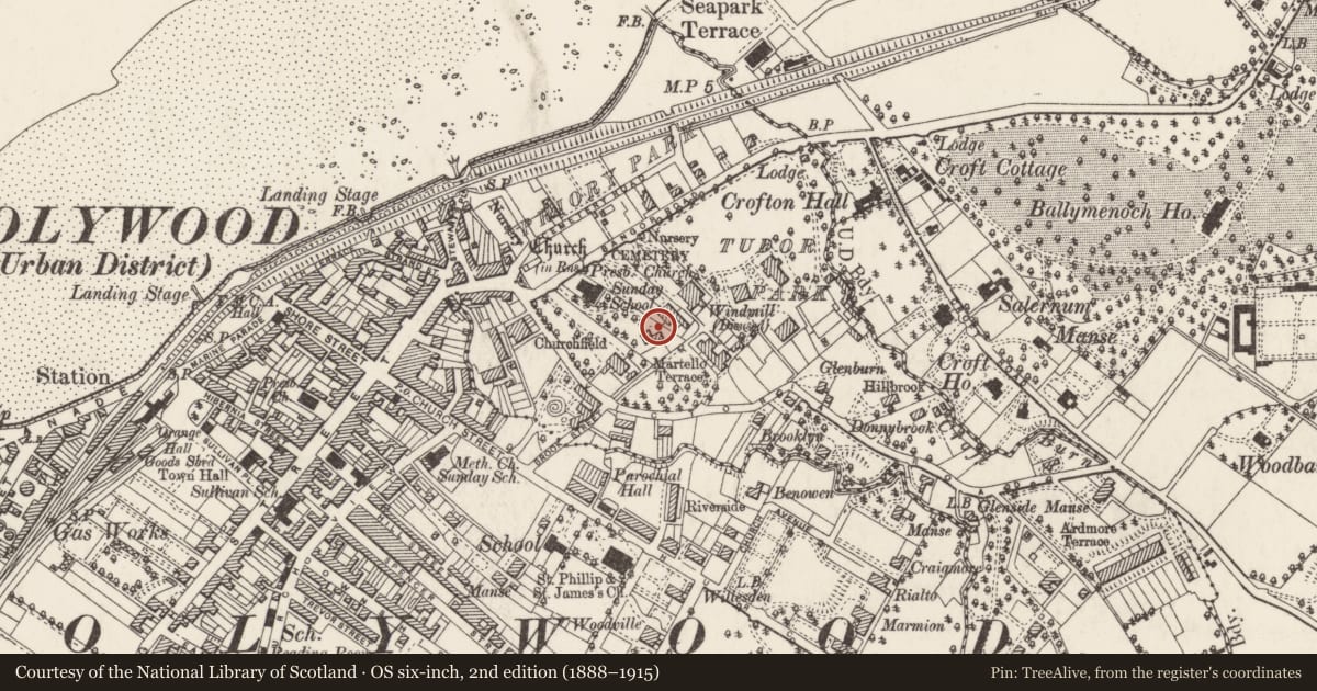 Ordnance Survey six-inch map, 2nd edition (1888–1915) covering the location of 9 Bangor Road, Ballykeel, Ards and North Down, with a pin at the register's coordinates