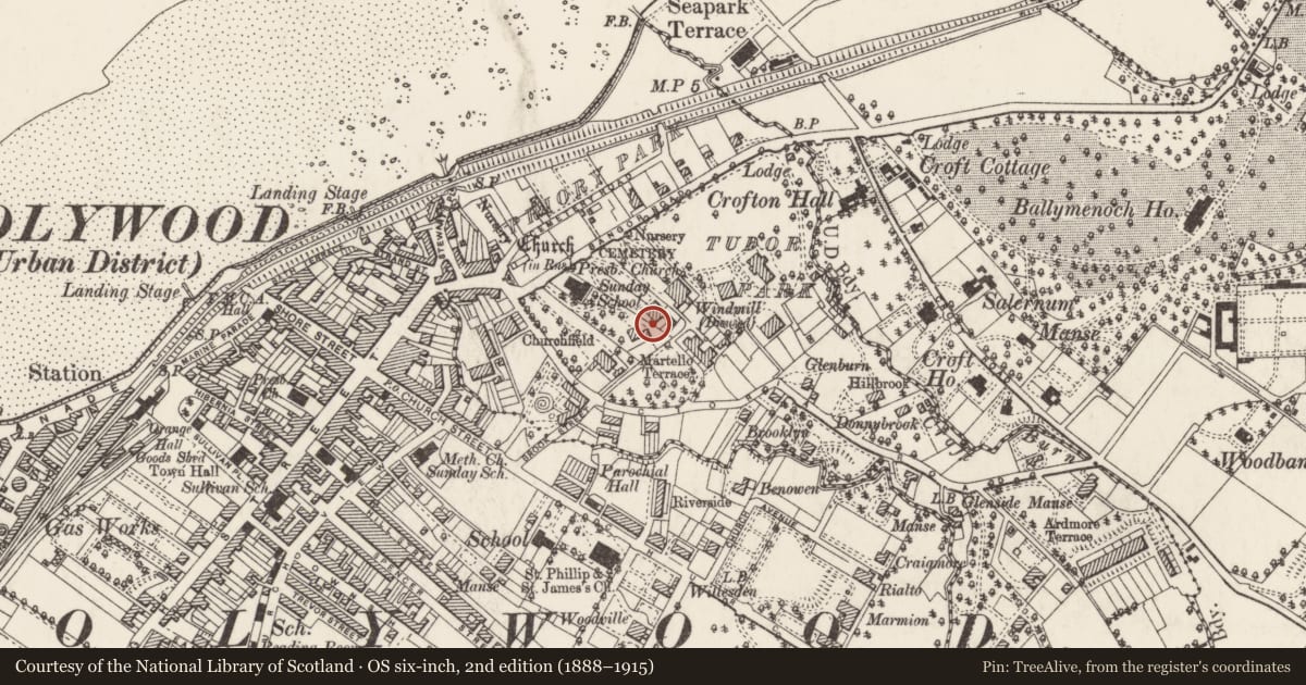 Ordnance Survey six-inch map, 2nd edition (1888–1915) covering the location of 11 Bangor Road, Ballykeel, Ards and North Down, with a pin at the register's coordinates