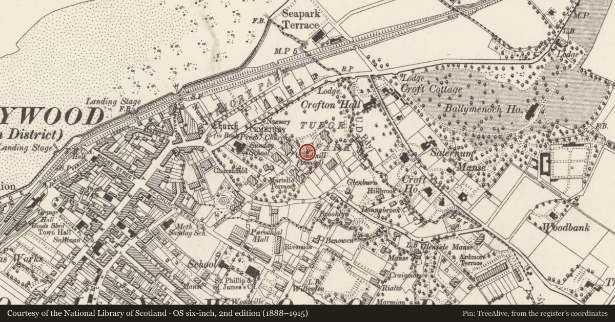 Ordnance Survey six-inch map, 2nd edition (1888–1915) covering the location of 4 Tudor Park, Ballykeel, Ards and North Down, with a pin at the register's coordinates