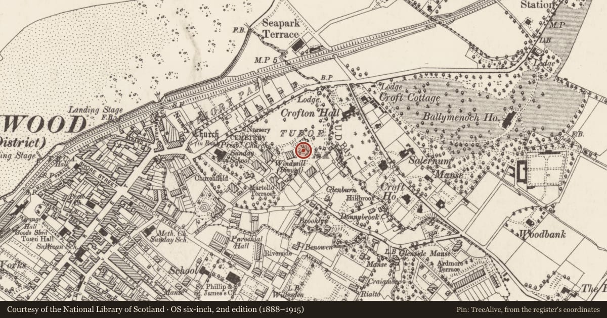 Ordnance Survey six-inch map, 2nd edition (1888–1915) covering the location of Tudor Hall, Ballykeel, Ards and North Down, with a pin at the register's coordinates