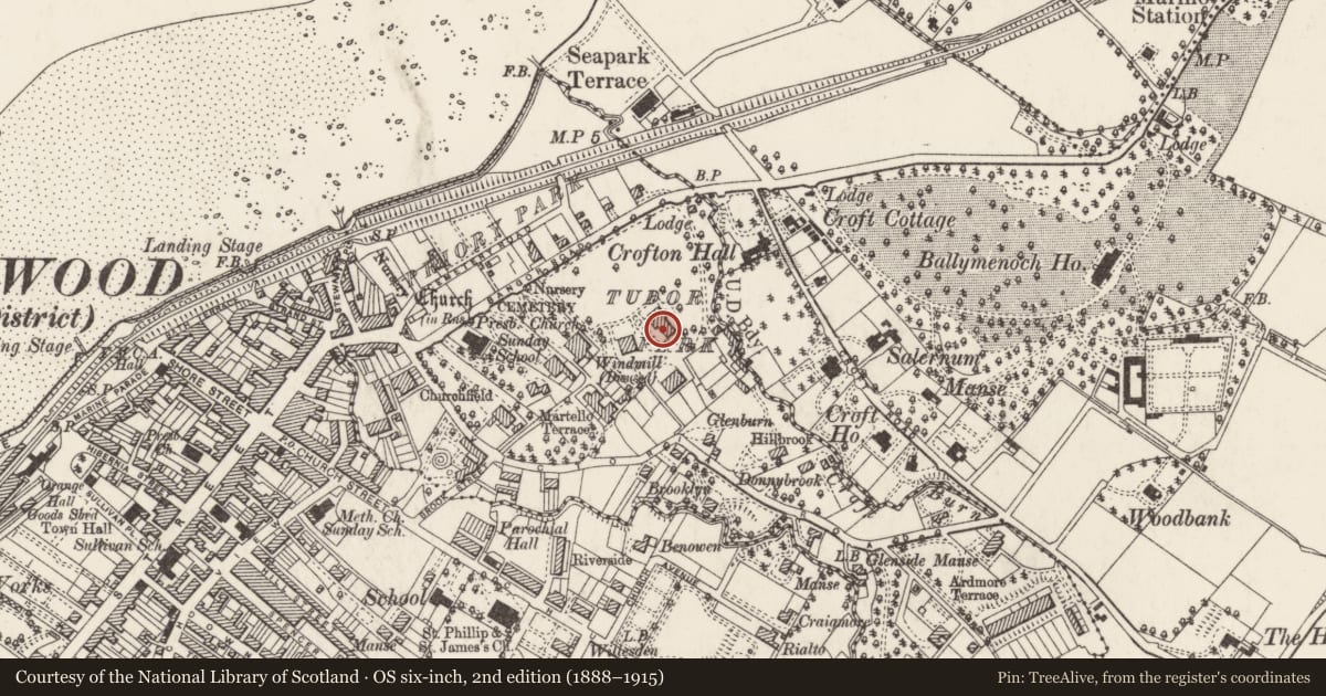 Ordnance Survey six-inch map, 2nd edition (1888–1915) covering the location of Tudor House, Ballykeel, Ards and North Down, with a pin at the register's coordinates