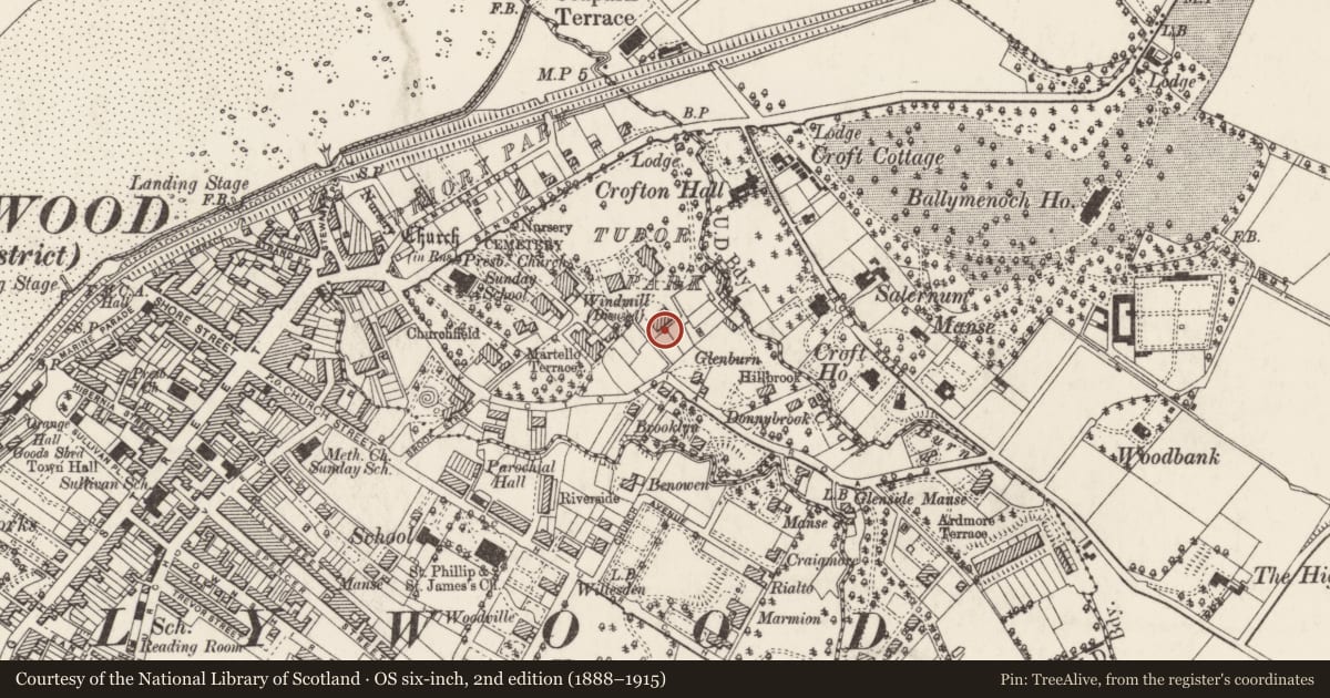 Ordnance Survey six-inch map, 2nd edition (1888–1915) covering the location of 1 Tudor Park, Ballykeel, Ards and North Down, with a pin at the register's coordinates