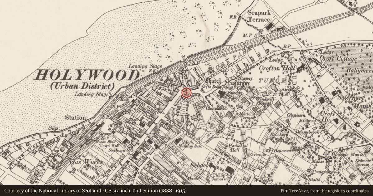 Ordnance Survey six-inch map, 2nd edition (1888–1915) covering the location of 1 Stewart's Place, Holywood, Ards and North Down, with a pin at the register's coordinates