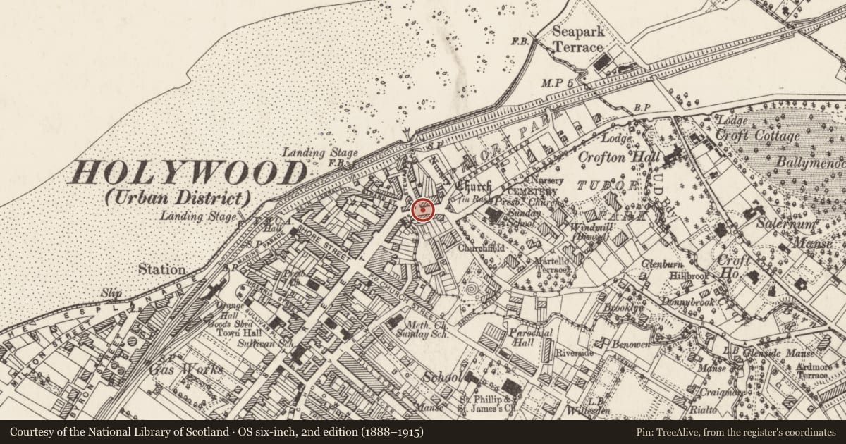 Ordnance Survey six-inch map, 2nd edition (1888–1915) covering the location of 3 Stewart's Place, Ballykeel/Holywood, Ards and North Down, with a pin at the register's coordinates
