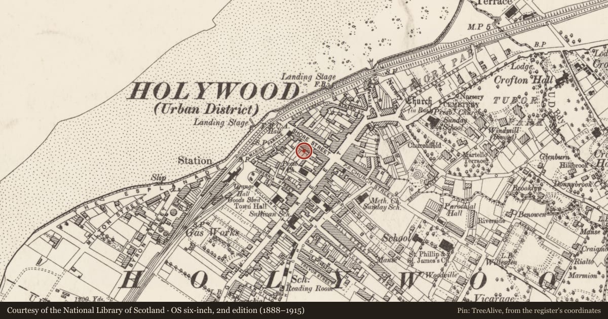 Ordnance Survey six-inch map, 2nd edition (1888–1915) covering the location of 28 Shore Road, Holywood, Ards and North Down, with a pin at the register's coordinates