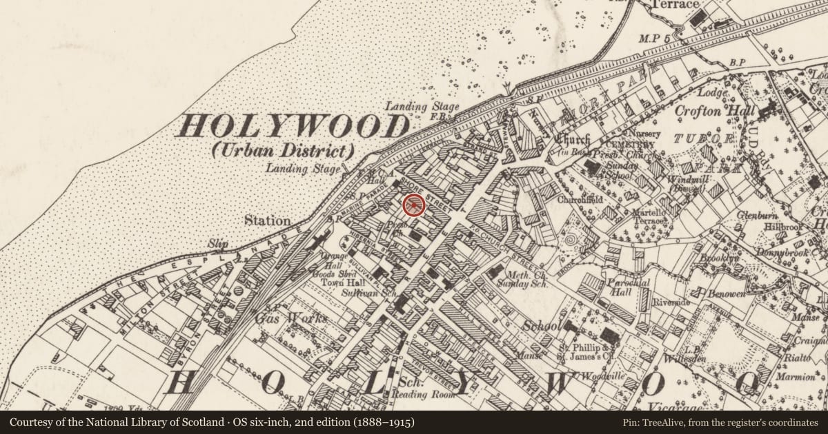 Ordnance Survey six-inch map, 2nd edition (1888–1915) covering the location of 30 Shore Road, Holywood, Ards and North Down, with a pin at the register's coordinates