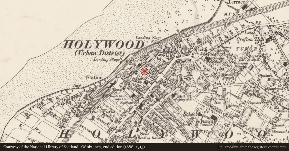 Ordnance Survey six-inch map, 2nd edition (1888–1915) covering the location of 32 Shore Road, Holywood, Ards and North Down, with a pin at the register's coordinates