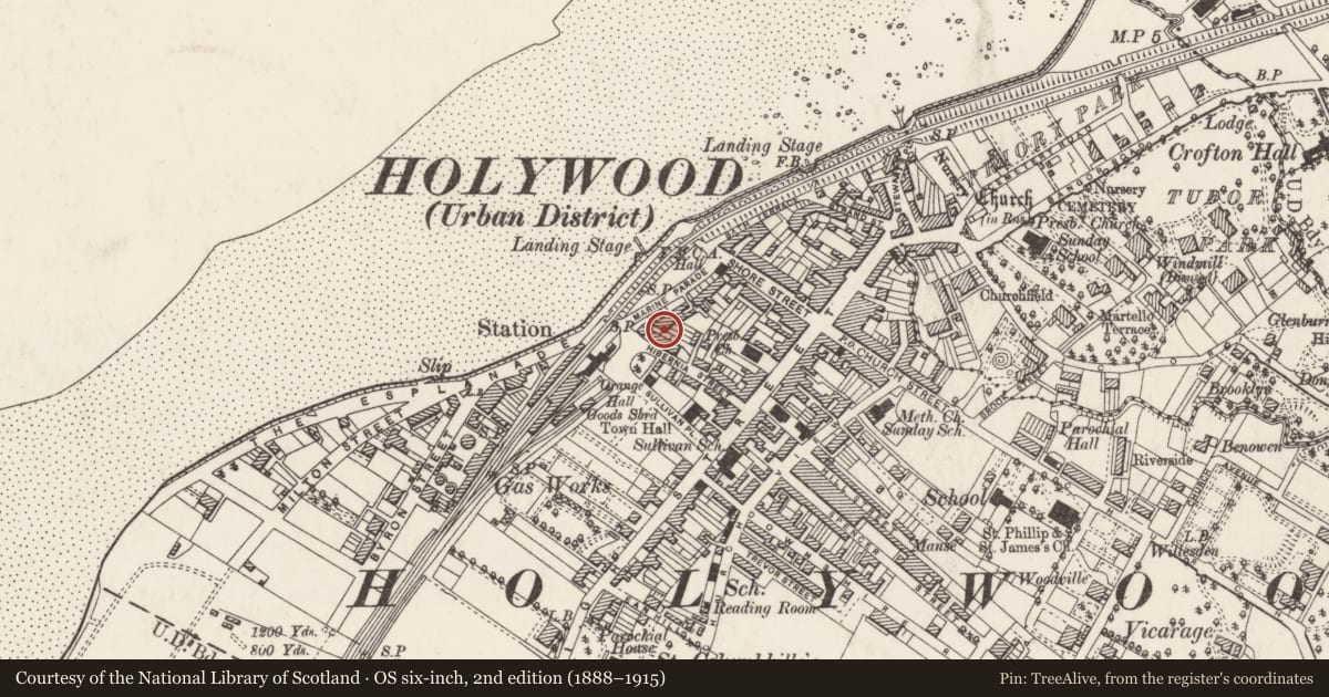 Ordnance Survey six-inch map, 2nd edition (1888–1915) covering the location of 18, 20, 22 Marine Parade, Ards and North Down, with a pin at the register's coordinates