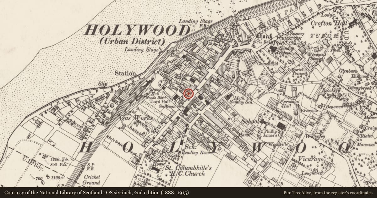Ordnance Survey six-inch map, 2nd edition (1888–1915) covering the location of 3, 4, 5, 6 Hibernia Street, Ards and North Down, with a pin at the register's coordinates