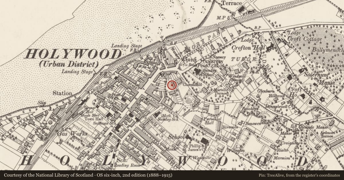 Ordnance Survey six-inch map, 2nd edition (1888–1915) covering the location of 1 The Crescent, Holywood, Ards and North Down, with a pin at the register's coordinates