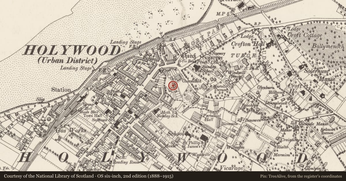 Ordnance Survey six-inch map, 2nd edition (1888–1915) covering the location of 3 The Crescent, Ballykeel/Hollywood, Ards and North Down, with a pin at the register's coordinates