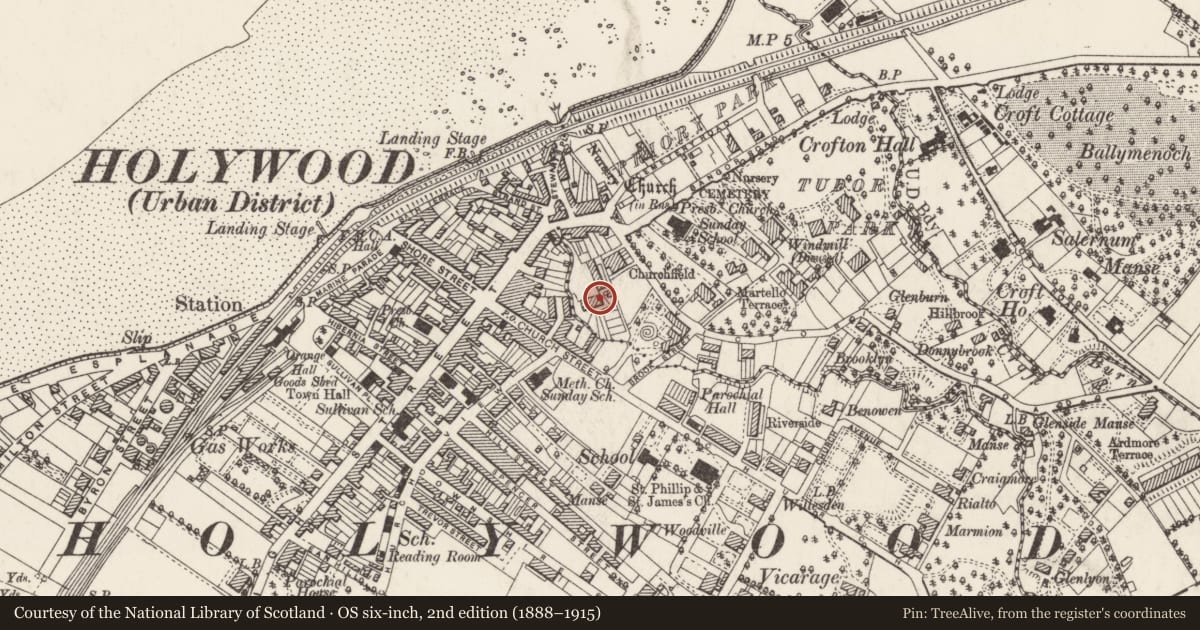 Ordnance Survey six-inch map, 2nd edition (1888–1915) covering the location of 4 The Crescent, Ballykeel/Holywood, Ards and North Down, with a pin at the register's coordinates