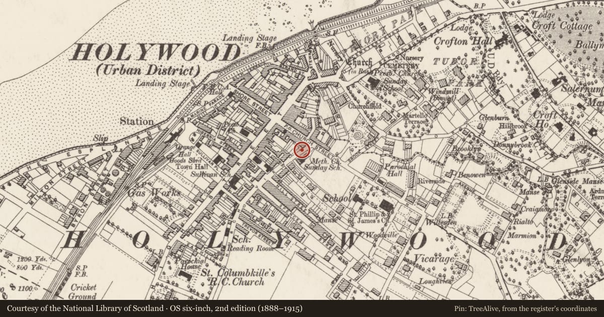 Ordnance Survey six-inch map, 2nd edition (1888–1915) covering the location of 25-37 Church Road, Ards and North Down, with a pin at the register's coordinates