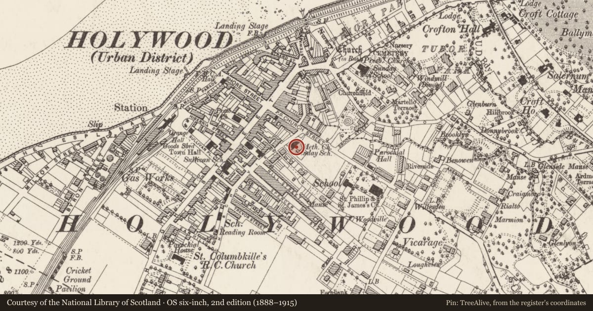 Ordnance Survey six-inch map, 2nd edition (1888–1915) covering the location of Holywood Methodist Church, Ards and North Down, with a pin at the register's coordinates