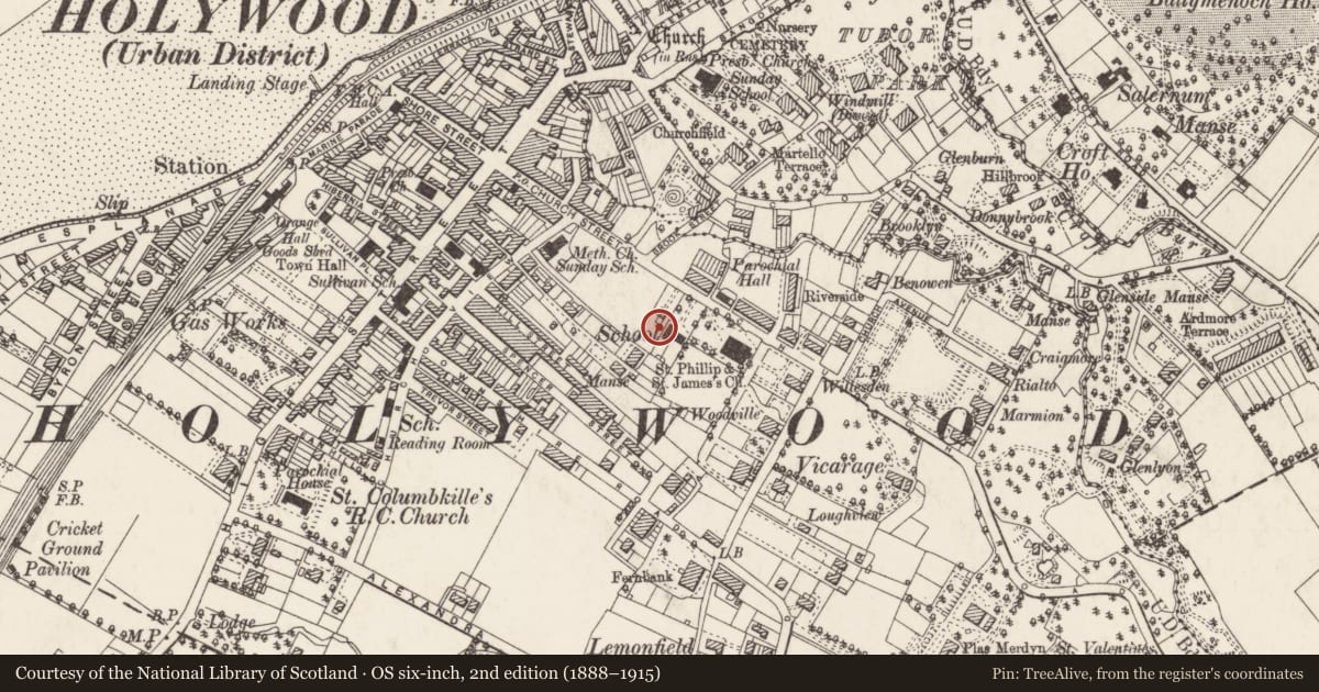 Ordnance Survey six-inch map, 2nd edition (1888–1915) covering the location of 69 Church Road, Ards and North Down, with a pin at the register's coordinates