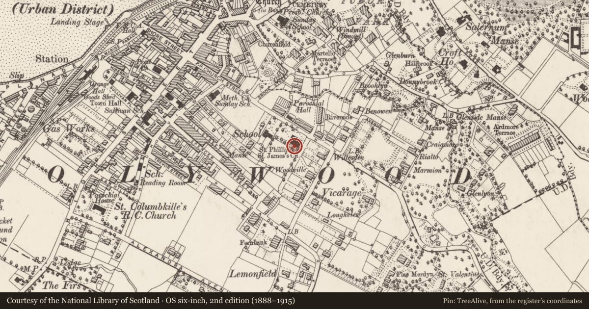 Ordnance Survey six-inch map, 2nd edition (1888–1915) covering the location of Holywood Parish Church of Ireland, Ards and North Down, with a pin at the register's coordinates