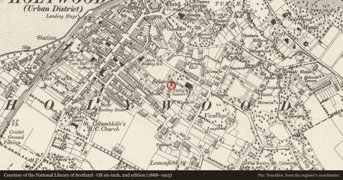 Ordnance Survey six-inch map, 2nd edition (1888–1915) covering the location of Holywood Parish Centre, Ards and North Down, with a pin at the register's coordinates