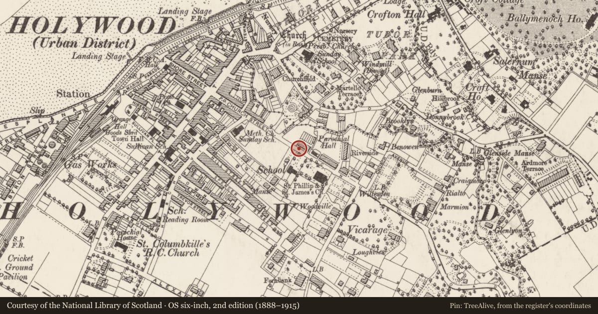 Ordnance Survey six-inch map, 2nd edition (1888–1915) covering the location of 80 Church Road, Holywood, Ards and North Down, with a pin at the register's coordinates