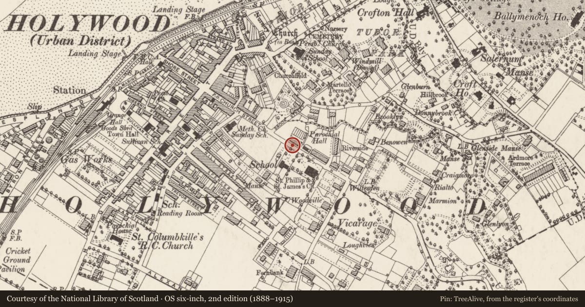 Ordnance Survey six-inch map, 2nd edition (1888–1915) covering the location of 82 Church Road, Holywood, Ards and North Down, with a pin at the register's coordinates