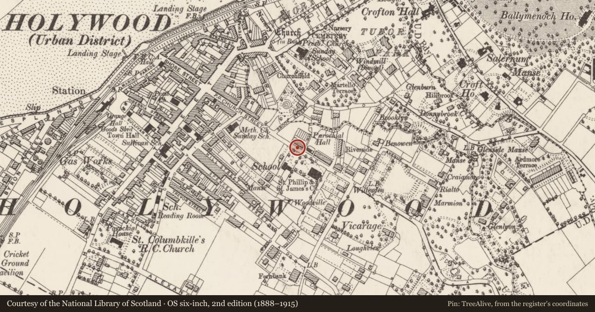 Ordnance Survey six-inch map, 2nd edition (1888–1915) covering the location of 84 Church Road, Holywood, Ards and North Down, with a pin at the register's coordinates