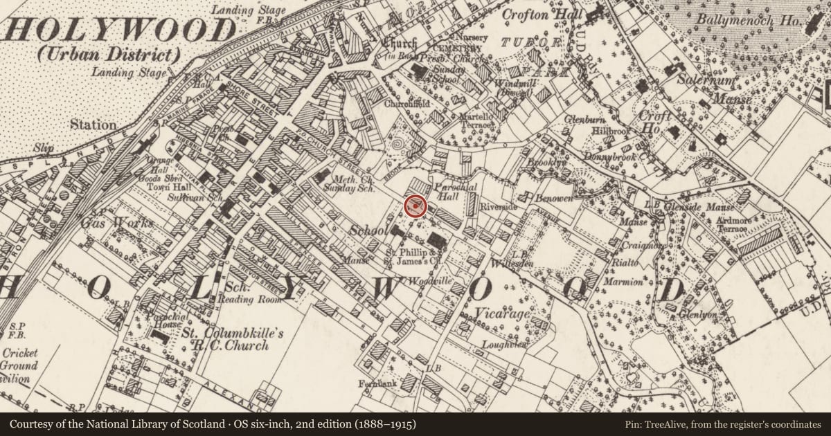 Ordnance Survey six-inch map, 2nd edition (1888–1915) covering the location of 86 Church Road, Holywood, Ards and North Down, with a pin at the register's coordinates