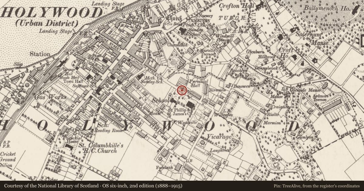 Ordnance Survey six-inch map, 2nd edition (1888–1915) covering the location of 88 Church Road, Holywood, Ards and North Down, with a pin at the register's coordinates
