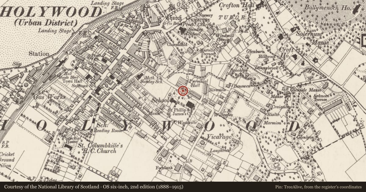 Ordnance Survey six-inch map, 2nd edition (1888–1915) covering the location of 90 Church Road, Holywood, Ards and North Down, with a pin at the register's coordinates