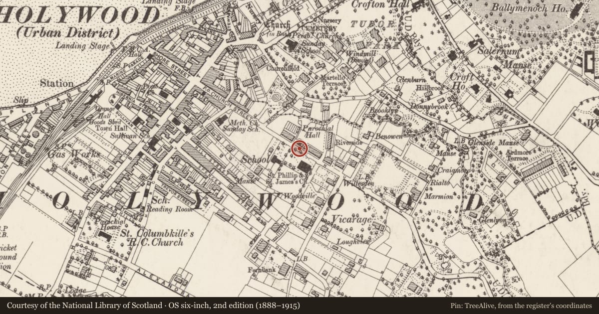Ordnance Survey six-inch map, 2nd edition (1888–1915) covering the location of St. Philip & St. James Parish Hall, Holywood, Ards and North Down, with a pin at the register's coordinates