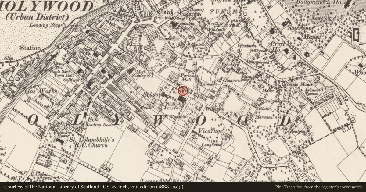 Ordnance Survey six-inch map, 2nd edition (1888–1915) covering the location of 96 Church Road, Ards and North Down, with a pin at the register's coordinates