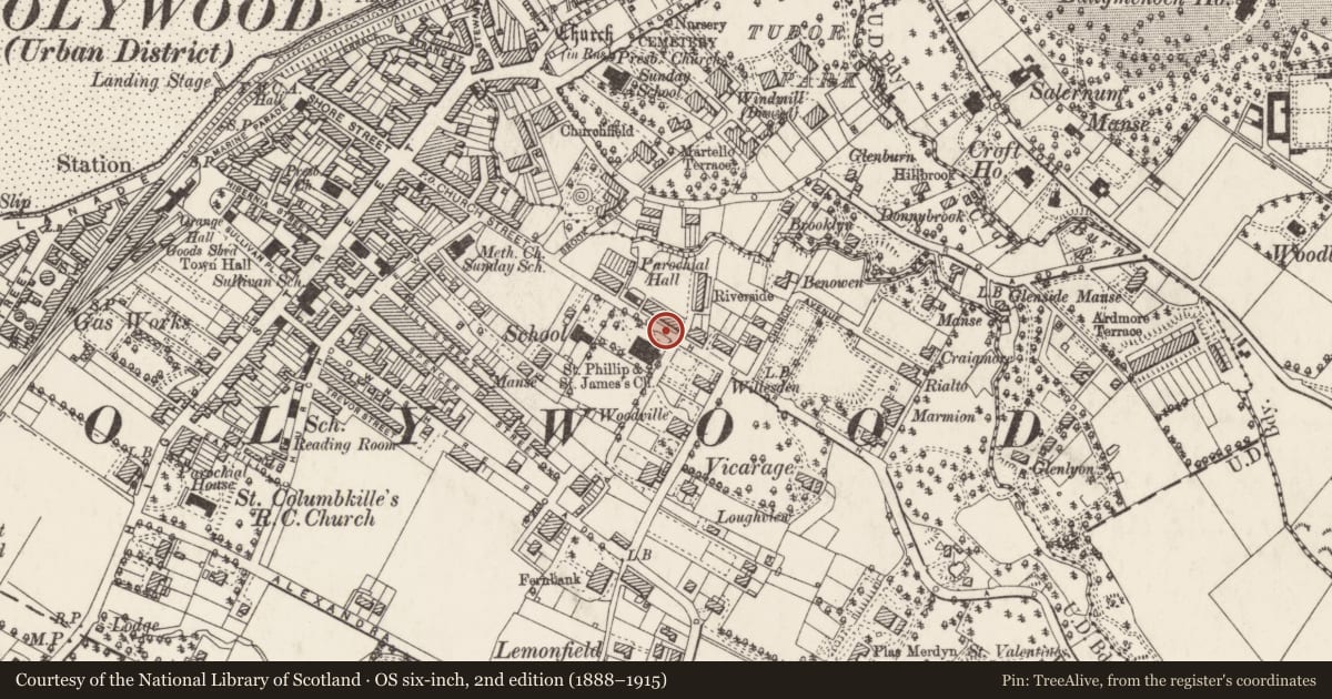 Ordnance Survey six-inch map, 2nd edition (1888–1915) covering the location of 104 Church Road, Ards and North Down, with a pin at the register's coordinates