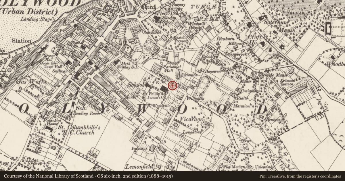 Ordnance Survey six-inch map, 2nd edition (1888–1915) covering the location of 110 Church Road, Ards and North Down, with a pin at the register's coordinates