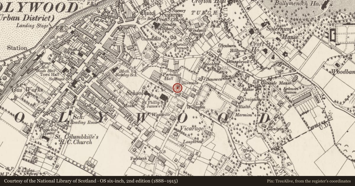 Ordnance Survey six-inch map, 2nd edition (1888–1915) covering the location of 1, 2, 3, 4 Riverside, Ards and North Down, with a pin at the register's coordinates