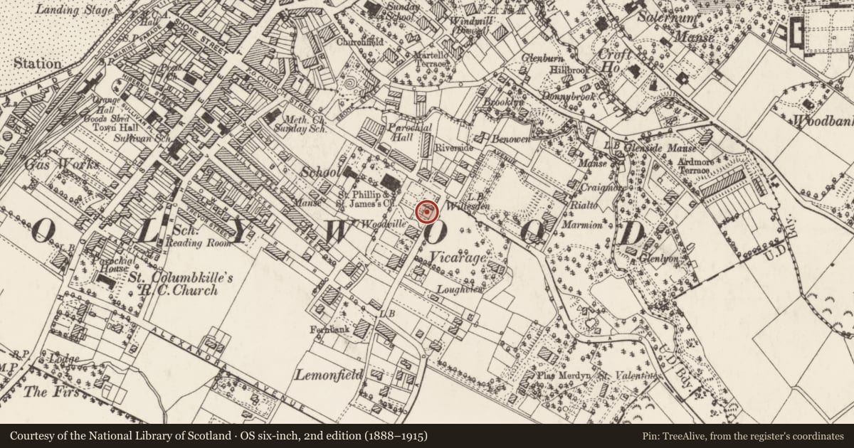 Ordnance Survey six-inch map, 2nd edition (1888–1915) covering the location of Willesden, Holywood TD, Ards and North Down, with a pin at the register's coordinates