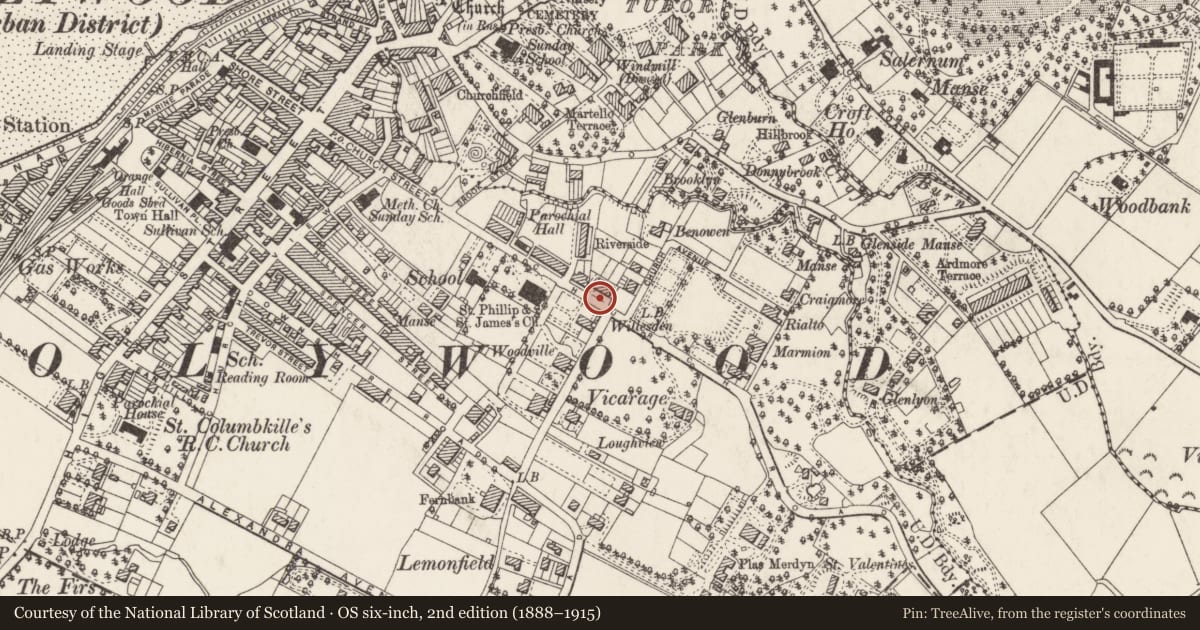 Ordnance Survey six-inch map, 2nd edition (1888–1915) covering the location of 116 and 118 Church Road, Ards and North Down, with a pin at the register's coordinates