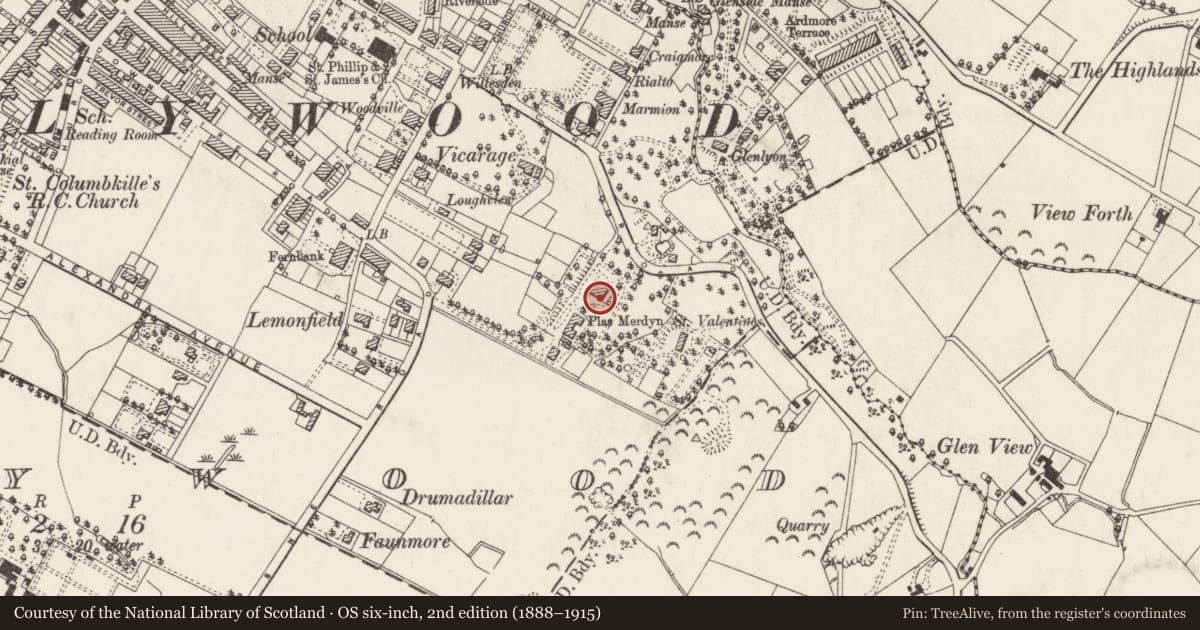 Ordnance Survey six-inch map, 2nd edition (1888–1915) covering the location of Merdyn Day Nursery, Ards and North Down, with a pin at the register's coordinates