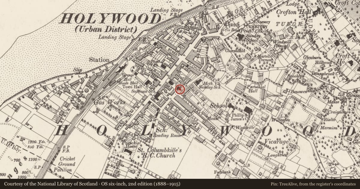 Ordnance Survey six-inch map, 2nd edition (1888–1915) covering the location of 15-21 Church View, Ards and North Down, with a pin at the register's coordinates