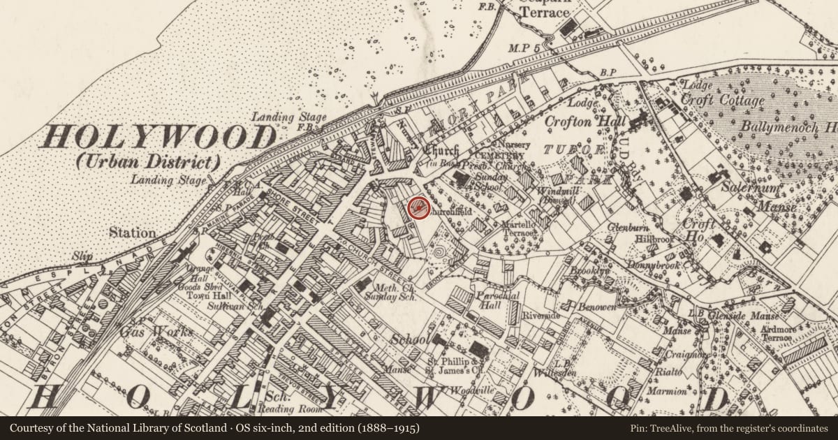 Ordnance Survey six-inch map, 2nd edition (1888–1915) covering the location of 1, 3 and 5 Victoria Road, Ards and North Down, with a pin at the register's coordinates