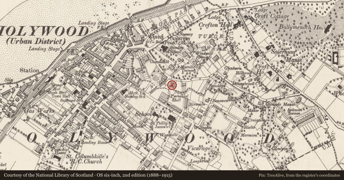 Ordnance Survey six-inch map, 2nd edition (1888–1915) covering the location of 33 Victoria Road, Ballykeel, Ards and North Down, with a pin at the register's coordinates