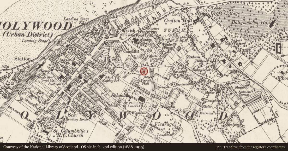 Ordnance Survey six-inch map, 2nd edition (1888–1915) covering the location of 35 Victoria Road, Ballykeel, Ards and North Down, with a pin at the register's coordinates