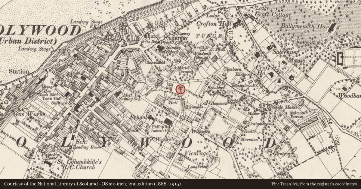 Ordnance Survey six-inch map, 2nd edition (1888–1915) covering the location of 41 Victoria Road, Ballykeel, Ards and North Down, with a pin at the register's coordinates