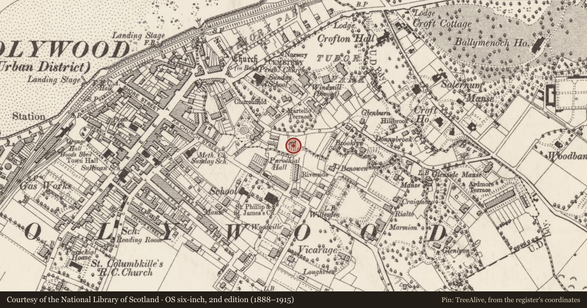 Ordnance Survey six-inch map, 2nd edition (1888–1915) covering the location of 43 Victoria Road, Ballykeel, Ards and North Down, with a pin at the register's coordinates