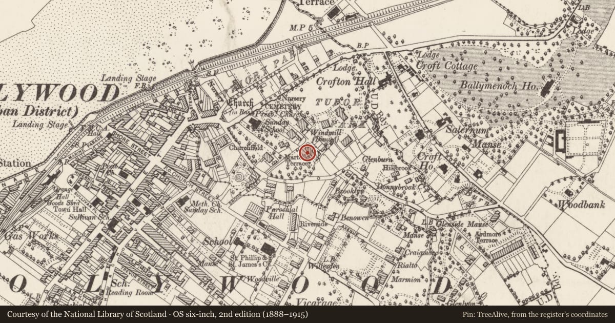 Ordnance Survey six-inch map, 2nd edition (1888–1915) covering the location of 1 Martello Terrace, Ballykeel, Ards and North Down, with a pin at the register's coordinates